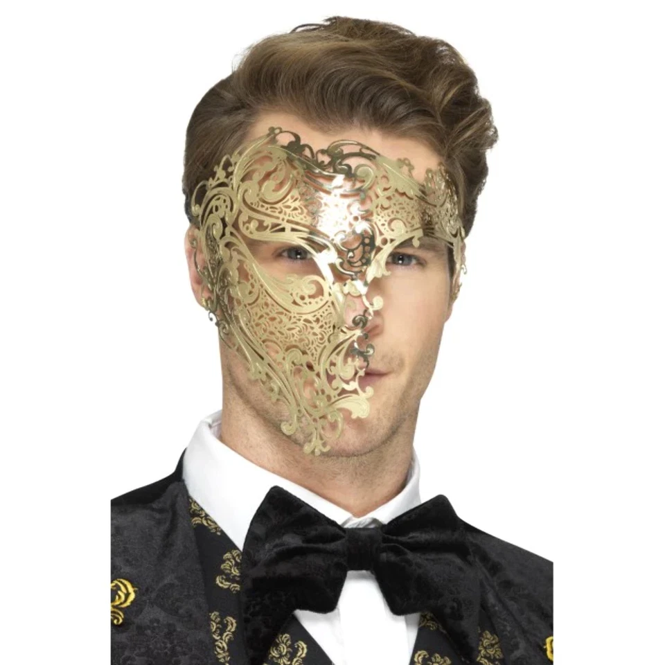 Gold Metal Mask Masquerade Filigree Phantom Adults Fancy Dress - Image 1 of 1