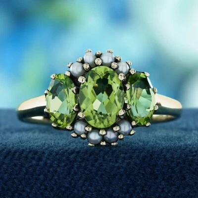 9K Yellow Gold Natural Peridot and Pearl Vintage Style  Three Stone Ring - Image 1 of 4