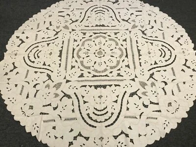 Mantel bordado encaje bordado 100% algodón beige 88" redondo Foto 1 de 4