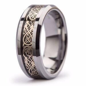 Neu Wolframhartmetall Gold Keltischer Drache Inlay Herren Hochzeitsband Ring 8 mm