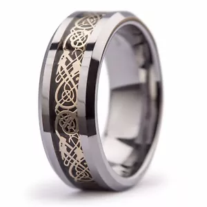 New Tungsten Carbide Gold Celtic Dragon Inlay Mens Wedding Band Ring 8mm - Picture 1 of 6