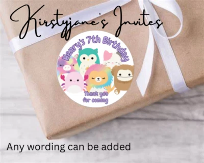 KIRSTYJANE'S INVITES PERSONALISED STICKERS LABELS CIRCLE BIRTHDAY PARTY BOYS GIRLs SQUISHMALLOWS