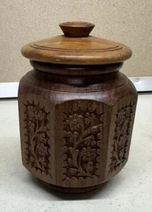 Wood Carved Tea Canister Jar With Lid Archana Handicrafts Made in India - Picture 1 of 9