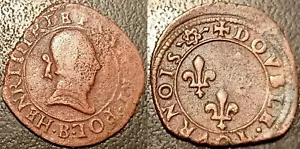Henri III - double tournois non daté (1579) B, Rouen avec lacets ! CGKL#112a - Imagen 1 de 1