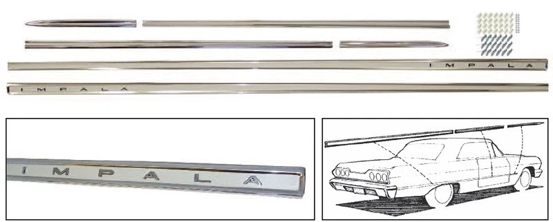 Chevrolet Impala 1963 excepto SS, juego completo de 6 piezas de molduras laterales, C3824347RS Foto 1 de 1