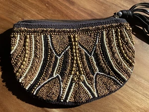 Beautiful Jasper & Jeera Brass Black Copper Toned Beaded Pouch Bag Purse Clutch - Picture 1 of 13