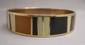 Brown Cream Banded Enamel Brass Bangle Bracelet 5/8" wide 8.25"  size MMA - Picture 1 of 5
