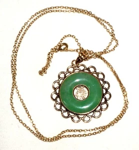 Vtg Chinese 14K Yellow Gold 21" Necklace w 14K Gold & Jadeite Disc Pendant (TiG) - Picture 1 of 11