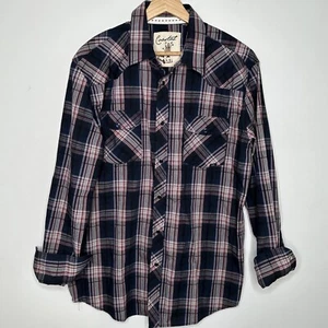 COASTAL Men's L Pearl Snap Western Blue Maroon Black Plaid Long Sleeve Shirt - Picture 1 of 7