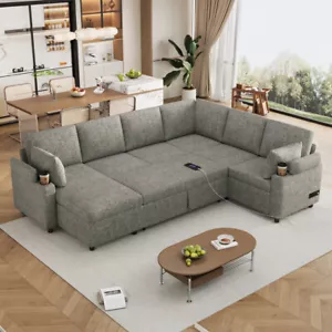 109.9" Sectional Sofa Bed U-shaped Sofa with Storage, Cup Holders, Light Grey - Picture 1 of 24