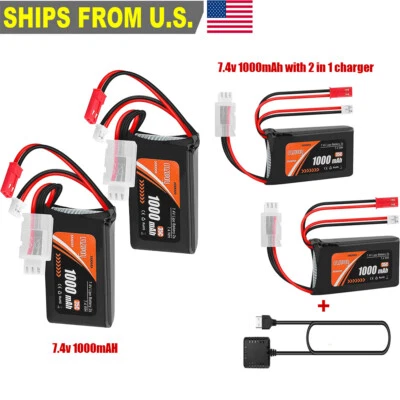 2PCS 1000mAh 7.4V 2S Lipo Battery PH2.0 & JST Plug+USB Charger for WLtoys RC Car - Image 1 of 4