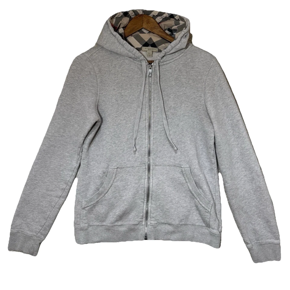 Burberry Brit Zip Hoodie M Gray Full Zip Sweatshirt Nova Check Hood 100% Cotton - Image 1 of 4