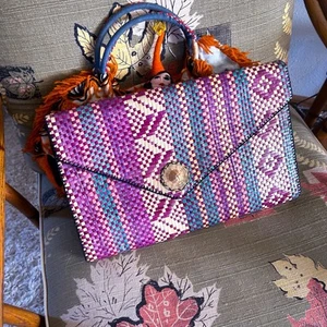 Vintage 1940s Style Clutch Purse Straw Purple Stripe Woven Pinup 40s 1980s - Picture 1 of 8