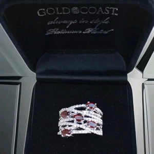 NWOT Gold Coast Platinum Plated Red Garnet And Rhinestone Ring Women's Size 6 - Picture 1 of 6