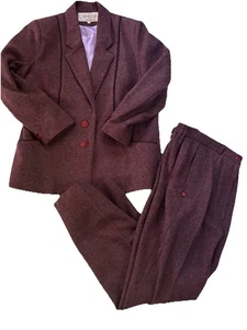 VTG 80s ANETA Lady-Mode Purple Wool Power Suit Blazer Pants L 38 EUC - Picture 1 of 23