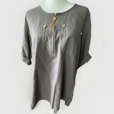 Anne Klein Top Sz 1X Taupe Linen Blend Blouse Half Sleeves Tassel Zipper Pockets - Image 1 of 4