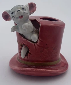 VINTAGE ~ Mouse In Old Top Hat Hand Painted Ceramic Toothpick Holder - Japan - Picture 1 of 8