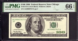 1996 $100 FEDERAL RESERVE NOTE CHICAGO FR.2175-G AGA BLOCK PMG GEM UNC 66 EPQ - Picture 1 of 4