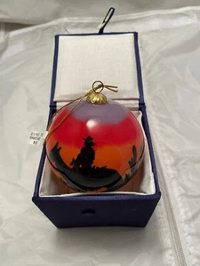 Christmas Ornament Sunset Cowboy Cactus Horse Hand Painted Glass NWT Velvet Box - Picture 1 of 9