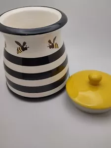 Terramoto Ceramic Bee Black Yellow Canister With Lid Bumblebee Jar Striped Cute! - Picture 1 of 3