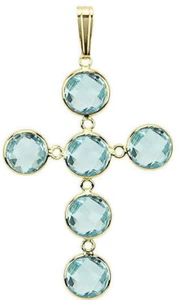 14K Yellow Gold Cross Pendant With Blue Topaz Gemstones - Picture 1 of 2