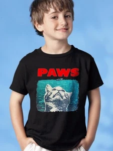 🔥 PAWS YOUTH T shirt Funny Jaws parody Youth Kids Shirt cat lovers gift - Picture 1 of 8