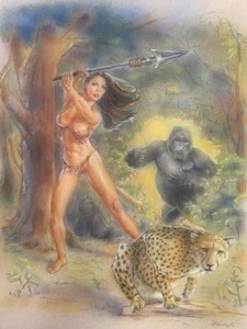 ORIGINAL ERB TARZAN PINUP ART PIN UP CAVEWOMAN JUNGLE GIRL FEMALE WOMAN PAINTING - Picture 1 of 1