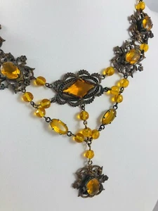 Antique Czechoslovakia Festoon Drape Necklace Brass&Amber Glass Stones Beads - Picture 1 of 8