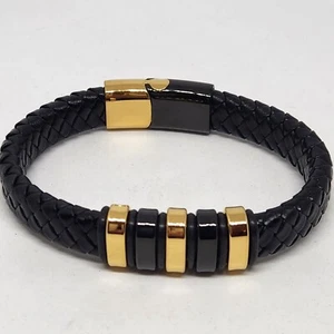Bracelet Men's Braided Black And Gold - Picture 1 of 5
