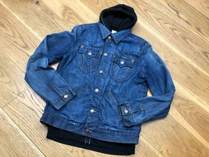 TRUE RELIGION JOHNNY BLUE DENIM JEAN JACKET BLACK HOODIE HOODED TOP MEDIUM - Picture 1 of 24
