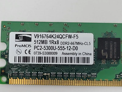ProMOS V916764K24QCFW-F5 AEV 512MB 240p PC2-5300 CL5 8c 64x8 DDR2-667 DIMM RAM - Image 1 of 4