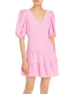 French Connection Birch Dress Size 12 Pink Puff Sleeve V Neck Tiered Cutout NEW - Picture 1 of 13