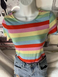 New Look Rainbow Tee T-Shirt UK10 Festival Boho LGBTQ Pride Hippie Lazy Oaf Cute - Picture 1 of 7