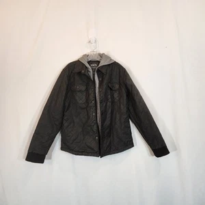 BUCKLE BLACK Standard Fit Black Quilted Faux Leather Grey Hood Jacket Men Medium - Picture 1 of 12