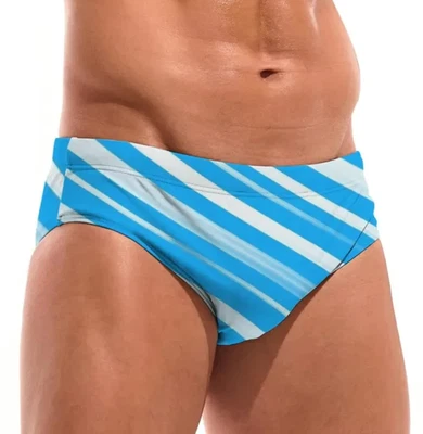 Sky Blue & White Diagonal Stripes Men's Swim Briefs w/Drawstring. Large 34"-36" - Image 1 of 4