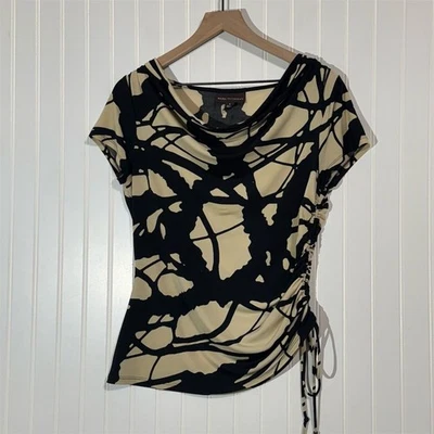 Top lateral acanalado cuello capucha estampado abstracto Dana Buchman pequeño negro beige Y2K de colección Foto 1 de 4