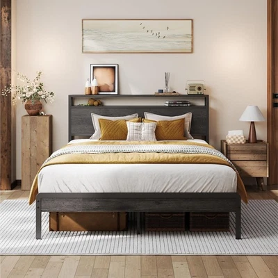 LIKIMIO Full Bed Frame with Headboard, Dark Wood Camas Full with Strong Suppo... - Image 1 of 4