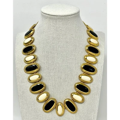 Vintage Anne Klein Black & White Enamel Gold Necklace 18" Chunky Classic Ovals - Изображение 1 из 4