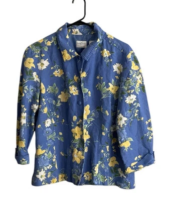 Emma James Jacket 12 Blue Yellow Floral Linen Button Lightweight Spring Easter - Image 1 of 4