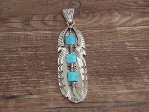 Native American Indian Sterling Silver & Turquoise Feather Pendant by Cayaditto - Picture 1 of 7