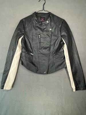 Material Girl Medium Moto Jacket Black With White Sleeve Accent Pleather - Image 1 of 4