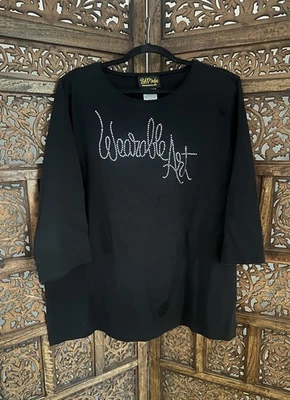 🩷Bob Mackie 可穿戴艺术 2X 黑色上衣装饰水钻 3/4 袖全新 — 第 1/4 张图片