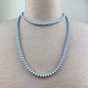 Vintage Pale Blue Faux Pearl Knotted Beaded Necklace 47" - Picture 1 of 7