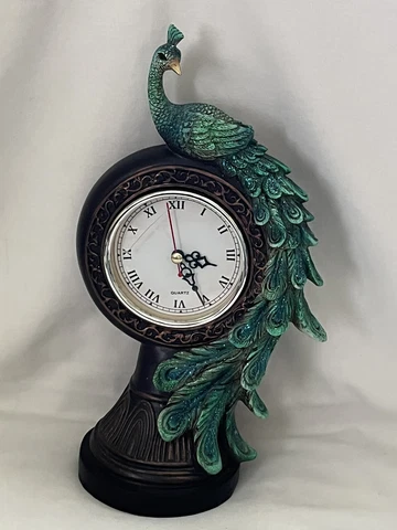 Beautiful Peacock Table Mantle Clock - Blue Green Glitter 13'' Cover
