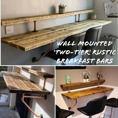 Rustic Two-Tier Breakfast Bar, Supported by Wall Mounted Copper Pipe Brackets - Image 1 of 4