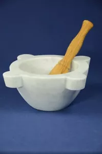Mortaio marmo bianco Carrara,pestello Ulivo.Marble mortar olivewood pestle 22cm - Foto 1 di 1