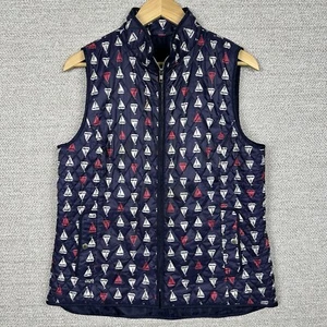 Talbots Sz M Nautical Navy Blue Multi Quilted Puffer Vest Sailboats Yacht Ocean - Picture 1 of 14