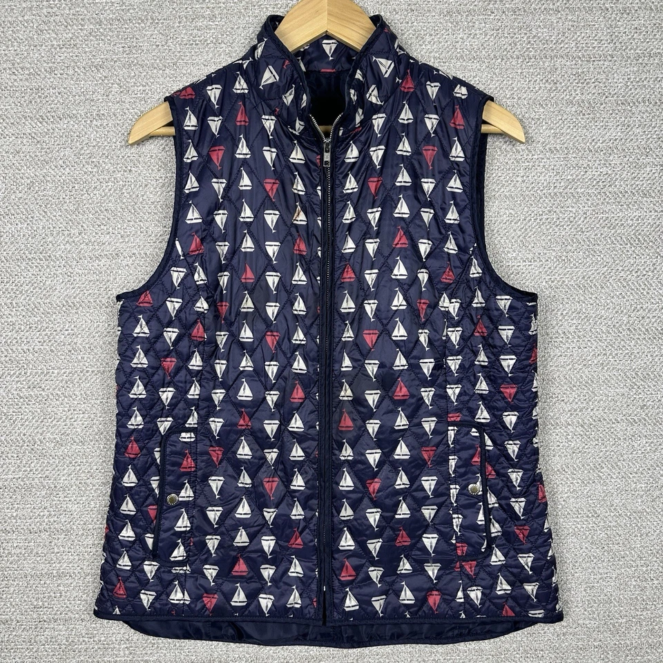 Talbots Sz M Nautical Navy Blue Multi Quilted Puffer Vest Sailboats Yacht Ocean - Image 1 of 4