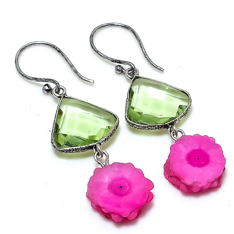 Solar Quartz Druzy Green Amethyst Gemstone Silver Plated Earrings Jewelry 2.5" - Image 1 of 1