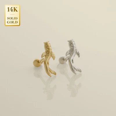 14K REAL Solid Gold Koi Fish Ear Piercing Flat Back Daith Helix Tragus Conch 18G - Image 1 of 4